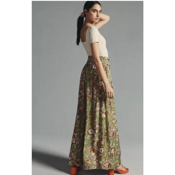 NWT By Anthropologie Wide-Leg Pants Floral Print Olive Green Size 6 - Picture 2 of 9